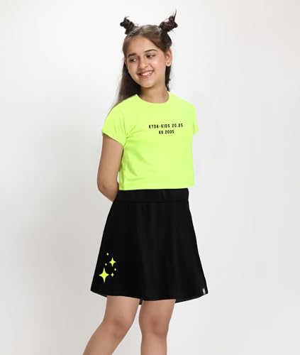 Image of KYDA KIDS 100% Pure Cotton Girls Printed Crop Top and Skirt with Attached Inner shorts Co-ords Set
