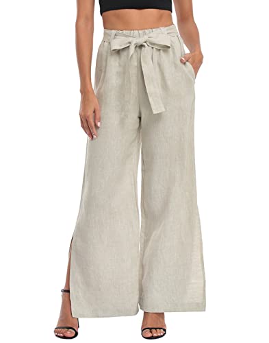 HDE Women's Linen Wide Leg Palazzo Pants Paperbag Flowy Boho Pant with Pockets