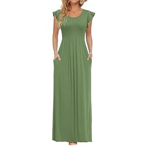 AUSELILY Damen Sommer Maxikleid Rüschen und kurzen Ärmeln Bodenlanger Rock mit Taschen Freizeit Strandkleid