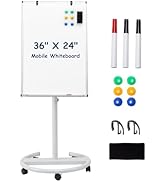 TSJ OFFICE Mobile Whiteboard Standing - 36 X 24 Inches Magnetic Dry Erase Easel, Height Adjustabl...