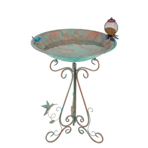 VEWOGARDEN Large Metal Standing Bird Bath and Feeder Combo with Folding Bracket for Outside Garden Yard Patio Decoration, Green