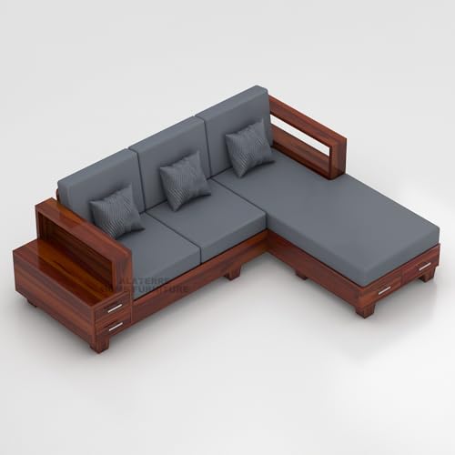 Image of Sheesham Wooden 4 Seater L- Shape Sofa for Living Room | Solid Wood Sofa with Side Box Storage & Cushion | Rosewood Sofa Set for Home & Office | Lounge (Honey, 4 Seater)