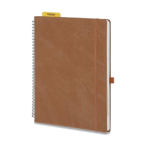 POPRUN Agenda 2026 2027 Semainier Scolaire A4 Grand Format 29,7 x 21 cm en Français - Couverture Souple en PU Cuir Spirale,Intervalles de 15 minutes,D'Août 2026 à Juil. 2027,Papier 100 g/m²,Marron
