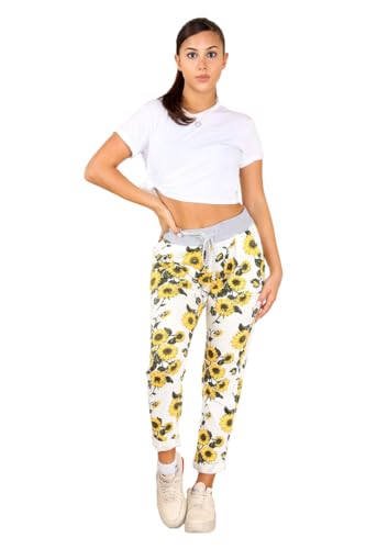 Image of M&A PEAKS Women’s Italian Cotton Joggers Sweatpants, Ladies Casual Stretch Elastic Waist Drawstring Lounge Yoga Gym Running Hem Printed Pants Trousers Plus Size 10-16, Sunflower White - 16-20