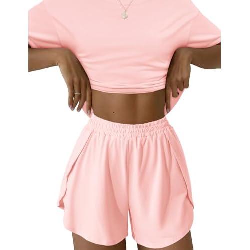 Kistore Summer 2 Piece Pajamas Sets Short Sleeve Sleepwear Pjs Lounge Split Short Sets B-light Pink Small