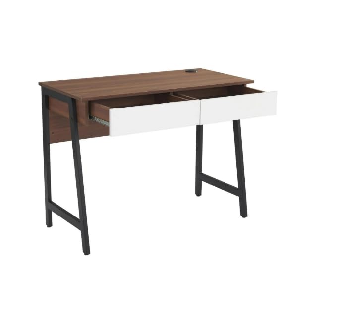 Generic H24-2201-B 39.4 inch Walnut Computer Desk with two white drawers and black metal legs
