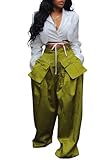 DINGANG High Waisted Wide Leg Cargo Pants Women Flowy Casual Pants with Zippers Pockets
