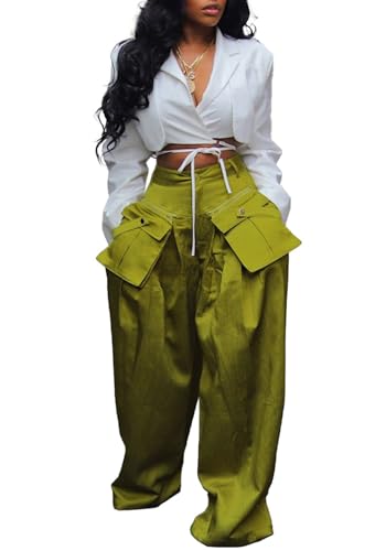 DINGANG High Waisted Wide Leg Cargo Pants Women Flowy Casual Pants with Zippers Pockets