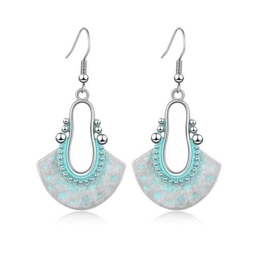 Silver/Gold Boho Dangle Statement Earrings for Women Trendy,Handmade Vintage Dainty Cute Long Drop Summer Earrings,fashion Accessories Jewelry Gifts (A53 Rero Blue Fan Shaped)