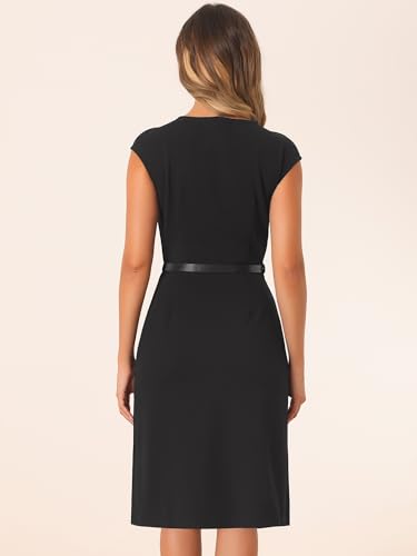 Image of Allegra K Business Dress for Women's Work Elegant 2026 Cap Sleeve Belted Office Sheath Dresses
