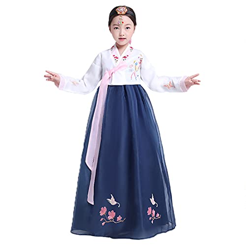 KUFEIUP Girls Korean Traditional Hanbok Dress Floral Embroidery Cosplay Costume (White&Blue, 120)