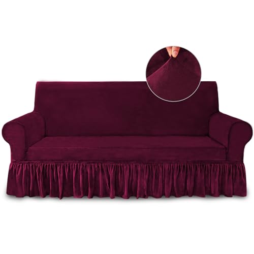 NICEEC Sofa Cover Super Soft 1-Piece Wine Red Sofa Slipcover for Sofas Stretch Universal Wine Red Spandex Couch Covers for Living Room Easy Fit Washable Furniture Sofa Protector with Skirt