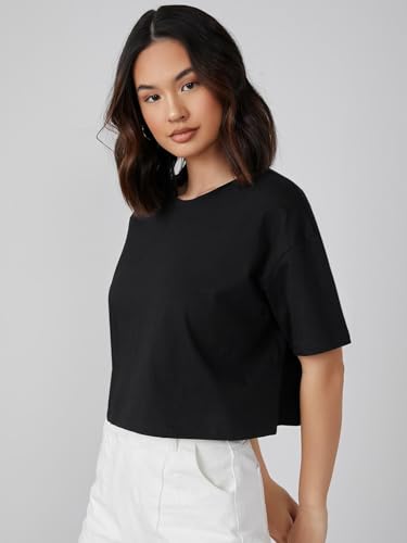 Image of KOTTY Women's Solid Cotton Blend Oversized Crop T-Shirt | Casual Summer Tee