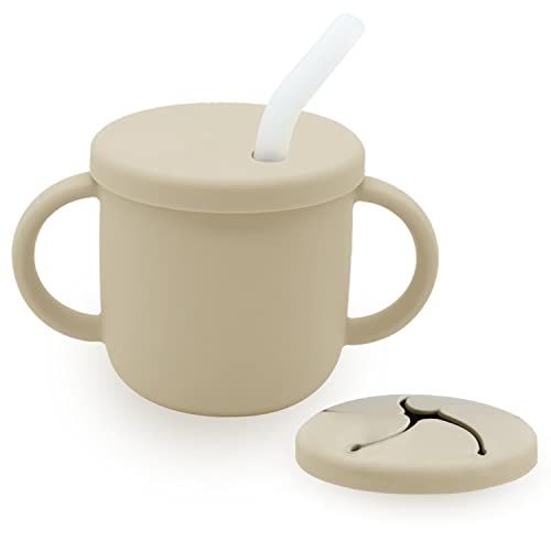 Image of TotAha Silicone Straw Cup for Baby | Sippy Cups for Babies 6-12-18 Month | Sip-N-Snack Lid 2-in-1 Transition Cup from Bottle | Open Training Cups with Easy-Hold Handle | Baby Led Weaning Snack Cups