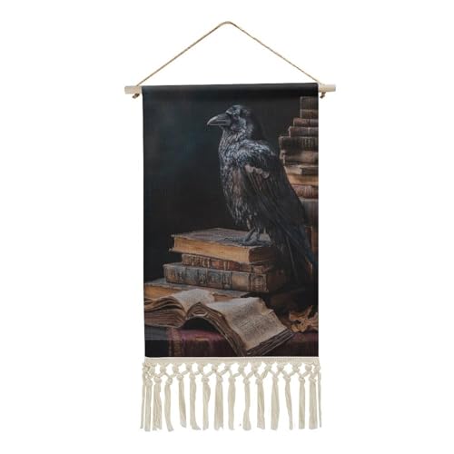 Jubonexis Arazzo da parete in lino, con corvo sulla parte superiore del libro aperto, poster vintage da appendere alla parete, con nappa e asta in legno