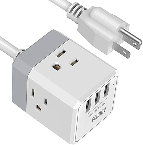 Power Strip, POWSAV Extension Cord with 3 USB Ports(Smart 3.0A Total) and 3-Outlet Extender, 5 Feet Cord, Compact Size for Cruise Ship, Home, Office,Dorm Essentials, ETL Listed