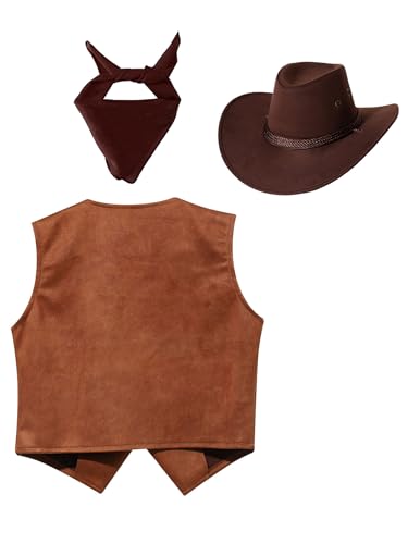 Boys Halloween Party Clubwear Sleeveless Waistcoat Tops Tassel Cowboys Vest with Bandana Hats Set4