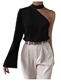 Verdusa Women's Solid Asymmetrical Neck Halter Long Sleeve Tops One Shoulder Bell Sleeve Blouse Black Medium