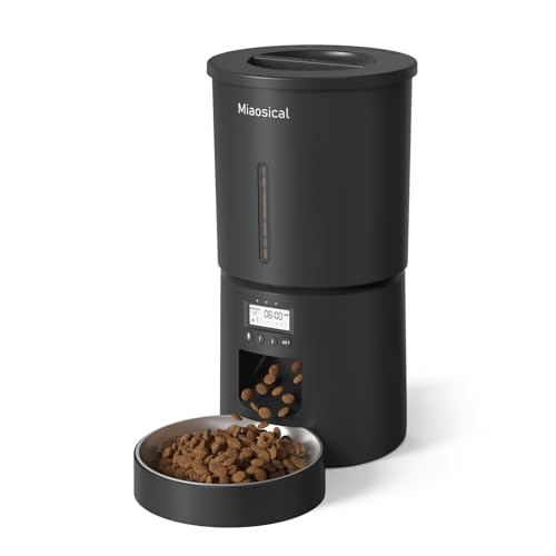 Miaosical Futterautomat Katze 4,2L, Einzelnapf Katzenfutter Automat, Programmierbare Fütterung, Dual-Stromversorgung, 6 Mahlzeiten pro Tag (Schwarz)