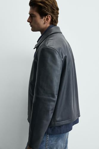 Image of EXOTIX Men's Black Leather Jacket | Collared Zip-Up, Classic Style | Black Crop Leather Jacket | Racing Sports Regular Bomber Collared Jacket for Men