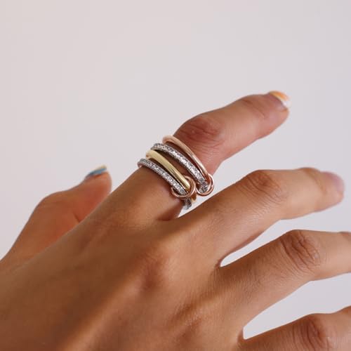 Elegant Gold Stackable Rings for Women - Non Tarnish Tri Color Rings Set, Perfect for Everyday Wear Ring Band, Gold Mixed Metal Rings Stack Interlocking Ring with Hoops3