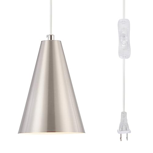 Brushed Nickel Plug In Pendant Light,Hanging Lights with Plug In Cord On/Off Switch, Mini Silver Pendant Lights for Kitchen Island,Modern Chandelier with Metal Shade,Hanging Lamps for Bedroom
