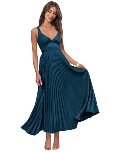 Pleated Satin Bridesmaid Dresses Long V-Neck A Line Silk Backless Formal Dresses for Women