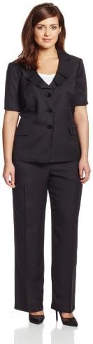 Le Suit Women's Plus Size Short Sleeve Ruffle Collar Jacket with Pant Suit Set
