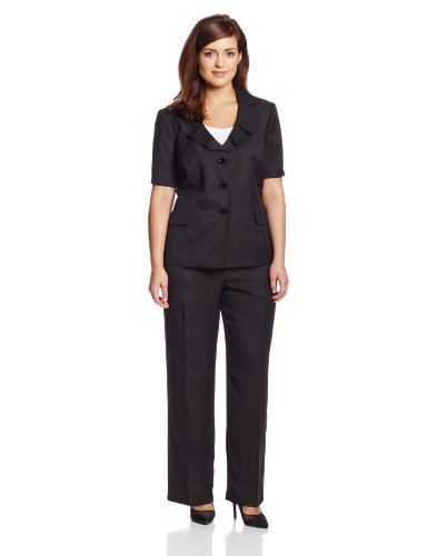 Le Suit Women's Plus Size Short Sleeve Ruffle Collar Jacket with Pant Suit Set