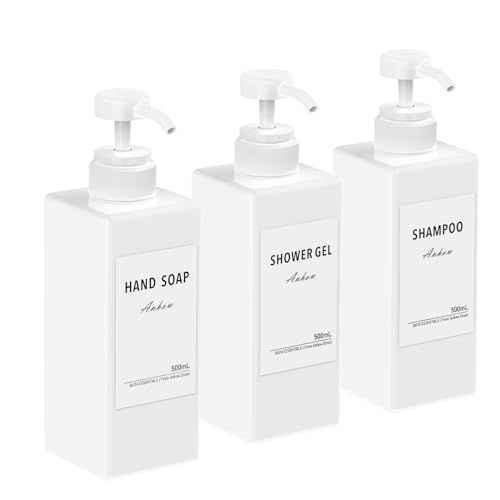 3 Pcs Dispensador de Botellas de Recargable, 500ml Dispensador Gel y Champu Ducha Contenedor de Loción con 16 Etiqueta Impermeable, para Baño, Viajes, Hoteles - Blanco