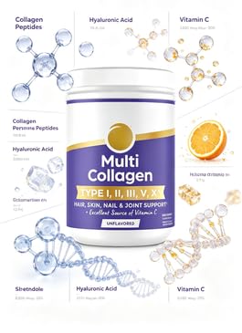 Poudre multi-collagène hydrolysée pour femmes et hommes, 20 g de collagène, soutient la santé des cheveux, de la peau, des ongles et des articulations, type I, II, III, V, X, vitamine C et acides amin
