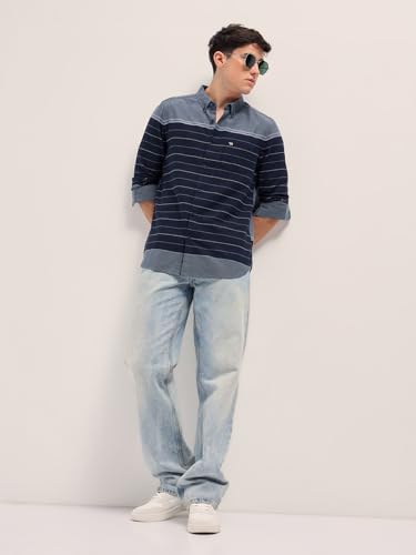 Image of THE BEAR HOUSE Men Button-Down Collar Horizontal Striped Cotton Slim Fit Casual Shirt