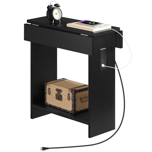 MAHANCRIS End Table with Charging Station, Foldable Narrow Side Table, Narrow Nighstand with Folding Top, Small Side Table for Small Spaces, for Living Room, Bedroom, Black ETBK74E01