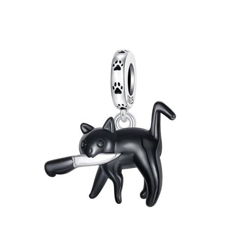 LUXILLA Black Cat Charm 925 Sterling Silver Fits Bracelets Necklace Pendant Bead Jewelry Gift for Women Family Friends