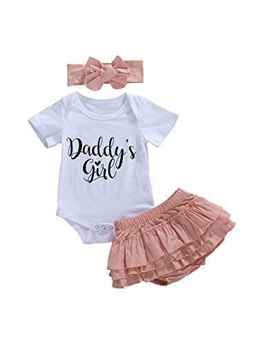 Image of Daddy 's Girl Infant Toddler Baby Girl Clothes Set Romper Jumpsuit Tops Triangle Ruffle Shorts Bottoms with Headband Clothes Outfit (White, 0-6 Months)