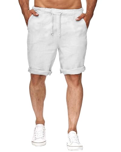 NANAMEEI Sommerhose Herren Leinen Shorts Herren Kurze Hose mit Tasche Bermuda Hose Baumwolle Sommer Strand Shorts Weiß M