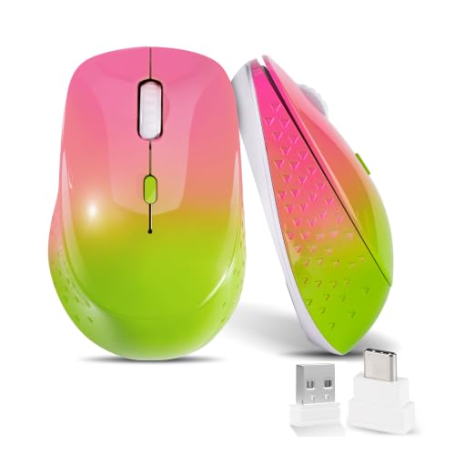 Wireless Mouse,USB-C & USB-A Dual Receiver Silent Rechargeable Mouse,Ergonomic Portable Optical Mouse for MacBook, iPad, Tablet, Laptop, PC–Gradient Pink Green - image 1