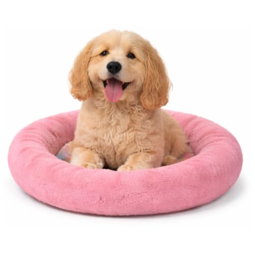 Image of Small Pink Donut Pet Bed for Cats & Kittens - Colorful Round Plush Cushion Nest for Indoor Pets, Washable Furry Lounger Sofa with Non-Slip Base