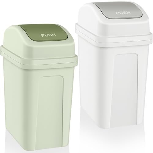 Image of Sumind 2 Pcs 2.6 Gallon Bathroom Trash Can with Swing Lid Small Garbage Can Plastic Bathroom Trashcan Garbage Bin for Kitchen Waste Bedroom Room Outdoor (Green and Beige)