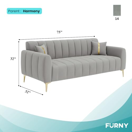 Image of FURNY Harmony 3 Seater Velvet Fabric Sofa Set (Light Grey) with Golden Finish Legs Durable & Comfortable Ideal for Living Room