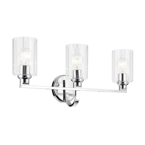 Image of Kichler Gioe 24.25 inch 3-Light Bathroom Vanity Light Fixture with Clear Fluted Glass in Chrome, Damp Rated for Bathroom Over Mirror, Modern Style (24.25 inch W x 10.5 inch H), 55226CHFLU
