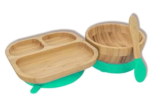 Image of Baby Toddler Stay Put Dish, Kids Suction Plate & Bowl & Spoon, Bamboo Cute Tableware (Green Set)