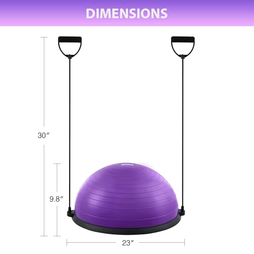 Image of ZELUS 23 Inch Half Exercise Ball Stability Balance Board with Resistance Bands for Yoga Workouts, Home Gym Fitness, Purple