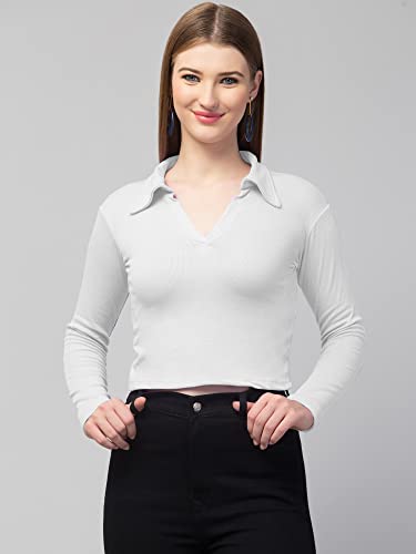 Image of Ribbed Polo Collar Full Sleeves Tops for Women