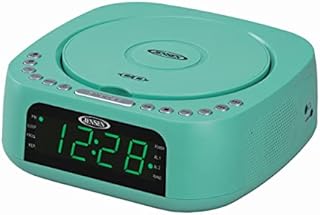 Jensen Teal Modern Home Audio CD Player Tabletop Stereo Dual Alarm Clock Digital FM Radio | Top-Loading CD/MP3/WMA Player | USB Charging Port 2.1A | Headphone Jack | 0.9 Display Green LED