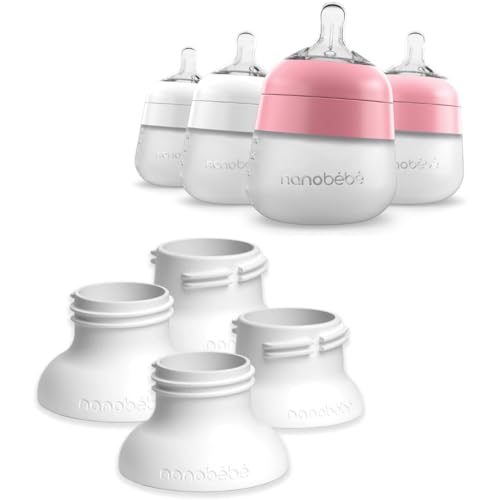 Image of Nanobebe Flexy Silicone Baby Bottle 4-Pack Pink/White 5oz Bundled with 4 Pack Breast Pump Adapters