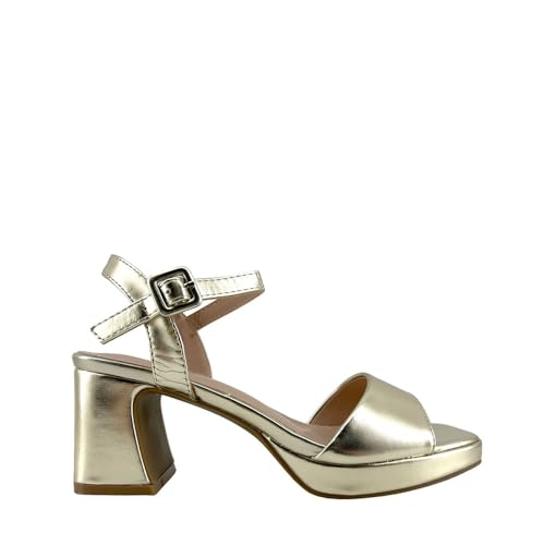 MODELISA - Sandalia Tacon Ancho Punta Abierta Hebilla Pulsera Tobillo Boda Mujer (Dorado, 37)