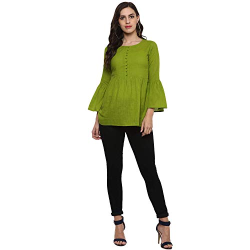 Image of Cotton Plain and Solid Bell Sleeve A-Line Short Round Neck Flared Tunic Top for Girls Women