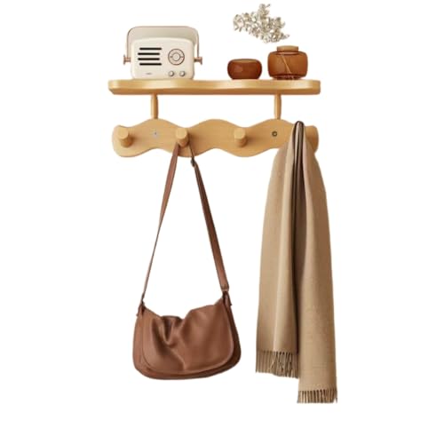 GEGEBOMTXO 玄関ドア洋服掛け 玄関ドアハンガーフック ウォールラック 壁掛け クリエイティブ装飾 パンチフリーウォールシェルフ 木製 壁棚 クリエイティブな波模様の装飾 バスルーム/キッチン/オフィス 整理 (ナチュラル,4つのフック(スタイルB