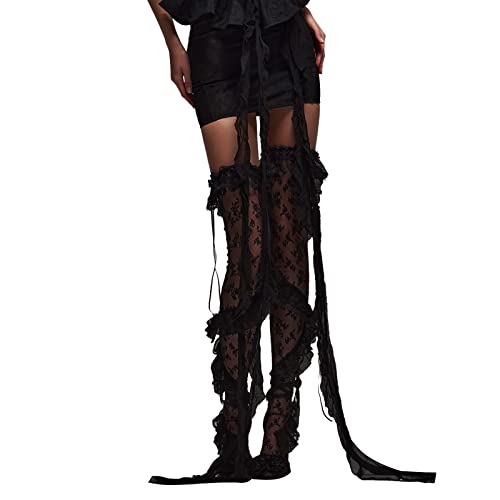 Image of SOLILOQUY Women Lace Thigh High Socks Y2k Kawaii Knee High Lace Floral Socks Ruffled Long Stockings Fairy Grunge Streetwear
